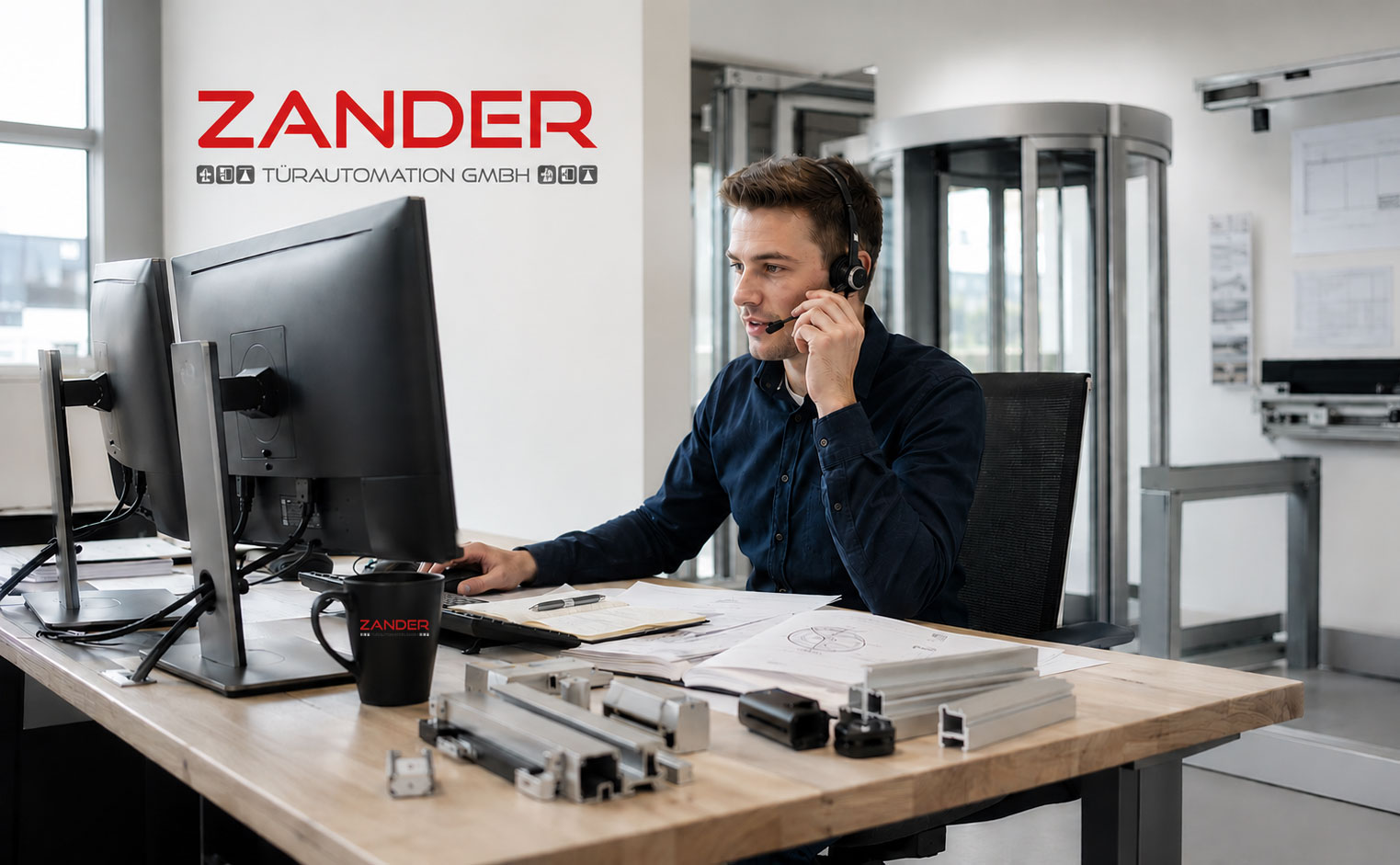 Mitarbeiter im Sales Backoffice von ZANDER Türautomation in Hamburg arbeitet mit Headset an einer Kundenanfrage für automatische Türsysteme.