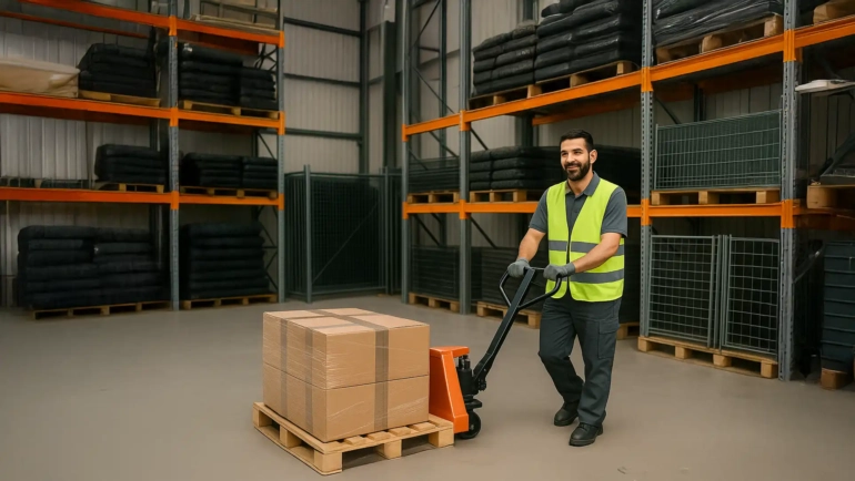 Lagerist im modernen Lager der MiRo Handelshaus GmbH in Bad Segeberg bewegt Kartons mit einem Hubwagen zwischen Regalen.