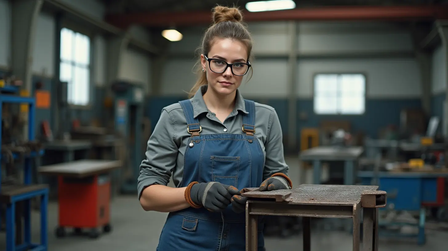 Eine Metallbauerin in Arbeitskleidung steht in einer Werkstatt und kontrolliert ein geschweißtes Stahlelement.