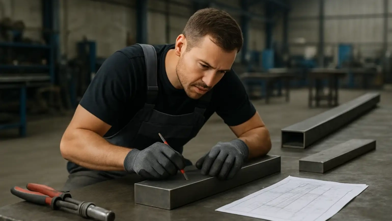 Metallbauer in der Konstruktionstechnik arbeitet in der Werkstatt an einem Stahlbauteil