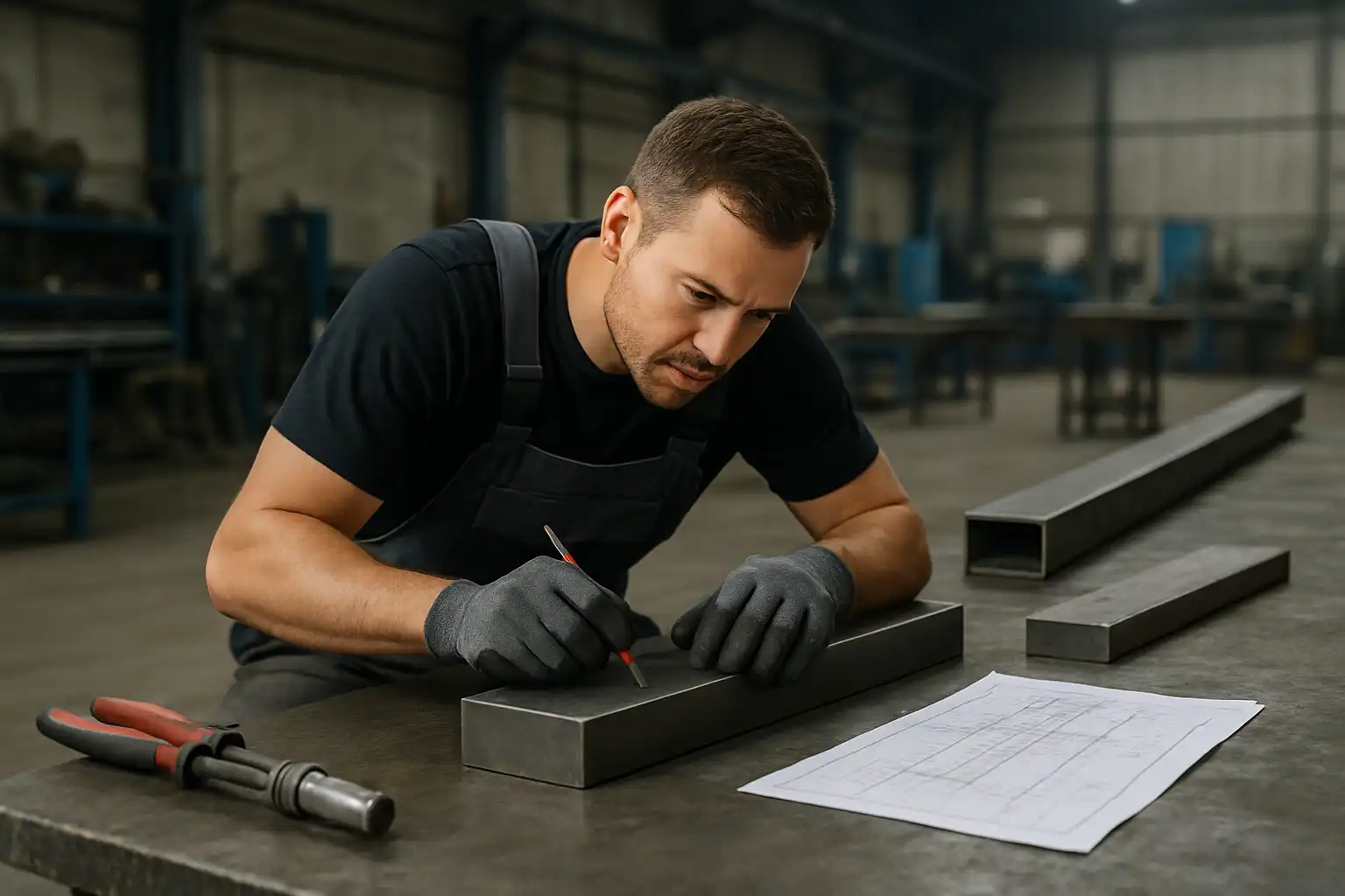 Metallbauer in der Konstruktionstechnik arbeitet in der Werkstatt an einem Stahlbauteil