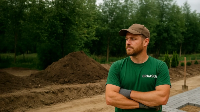 Vorarbeiter der Braasch GmbH auf Baustelle beim Pflasterbau, mit verschränkten Armen und grüner Arbeitskleidung
