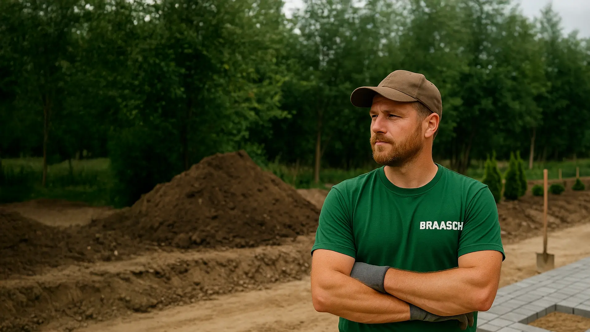 Vorarbeiter der Braasch GmbH auf Baustelle beim Pflasterbau, mit verschränkten Armen und grüner Arbeitskleidung