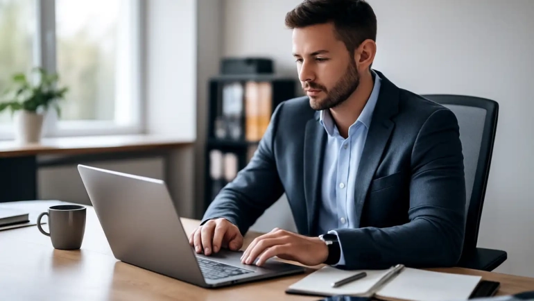 Einkäufer arbeitet konzentriert am Laptop in einem modernen Büro in Bad Segeberg