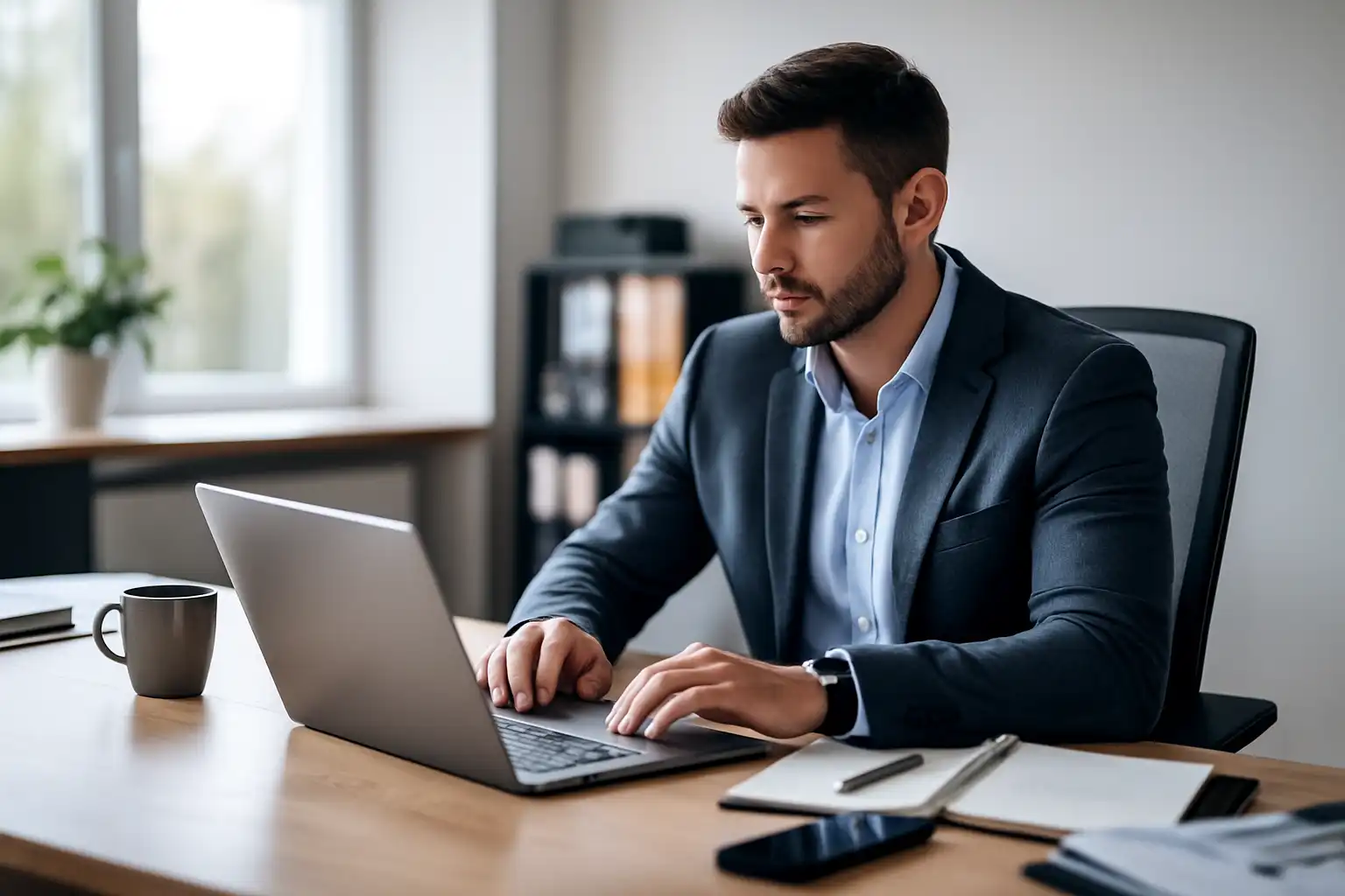 Einkäufer arbeitet konzentriert am Laptop in einem modernen Büro in Bad Segeberg