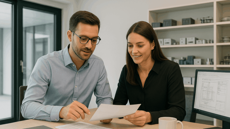 Zwei Mitarbeitende im Büro besprechen ein Dokument am Schreibtisch