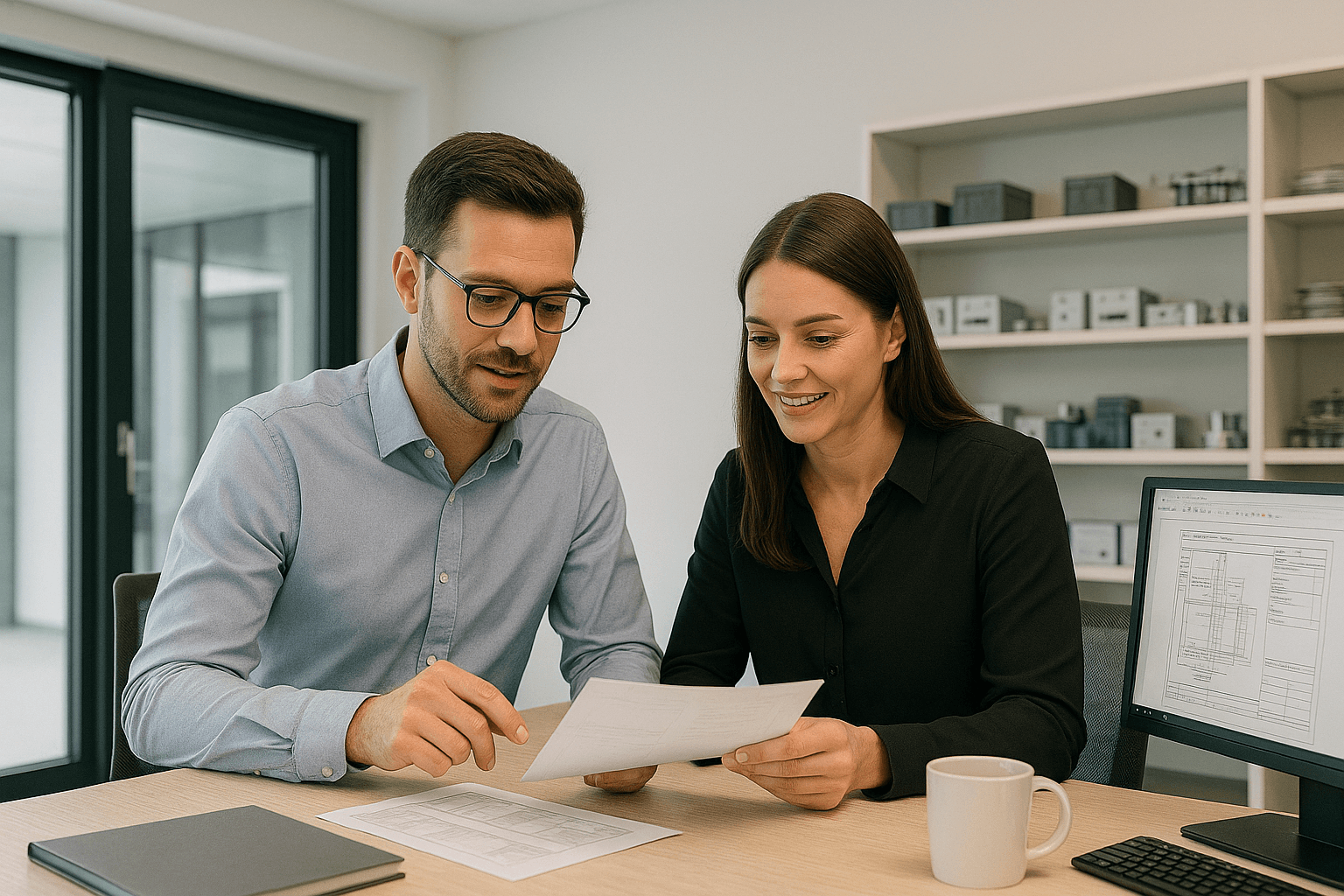 Zwei Mitarbeitende im Büro besprechen ein Dokument am Schreibtisch