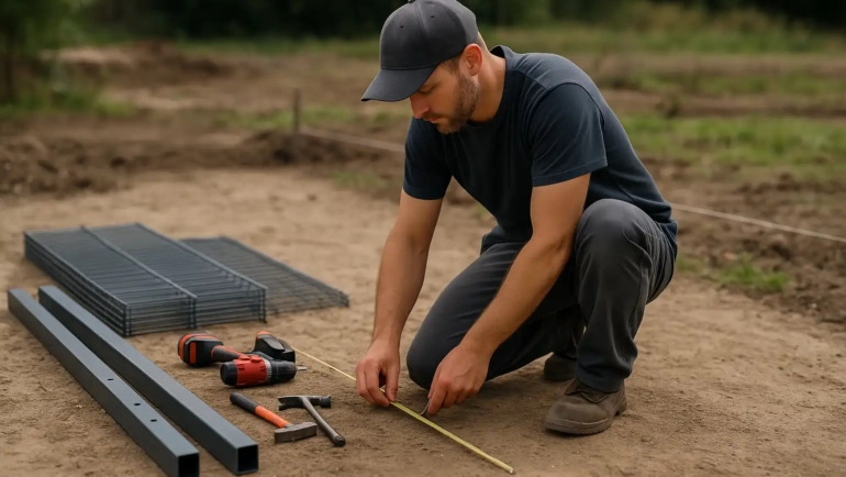 Zaunbauer bereitet eine Zaunmontage im Außenbereich vor und misst Abstände auf der Baustelle