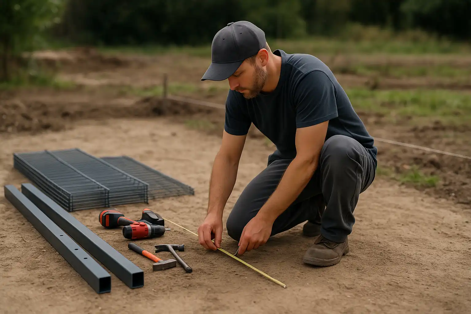 Zaunbauer bereitet eine Zaunmontage im Außenbereich vor und misst Abstände auf der Baustelle