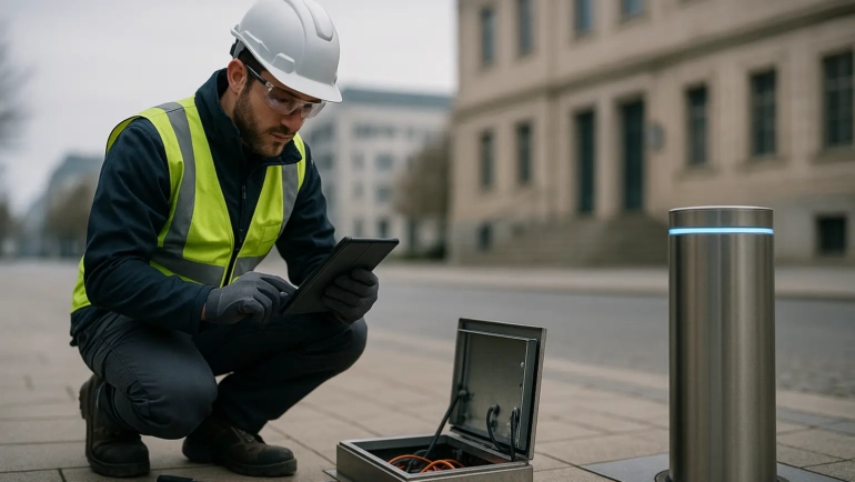 Servicetechniker prüft an einem geöffneten Steuerkasten einen versenkbaren Sicherheitspoller und liest Daten auf dem Tablet aus; urbane Zufahrt im Hintergrund.