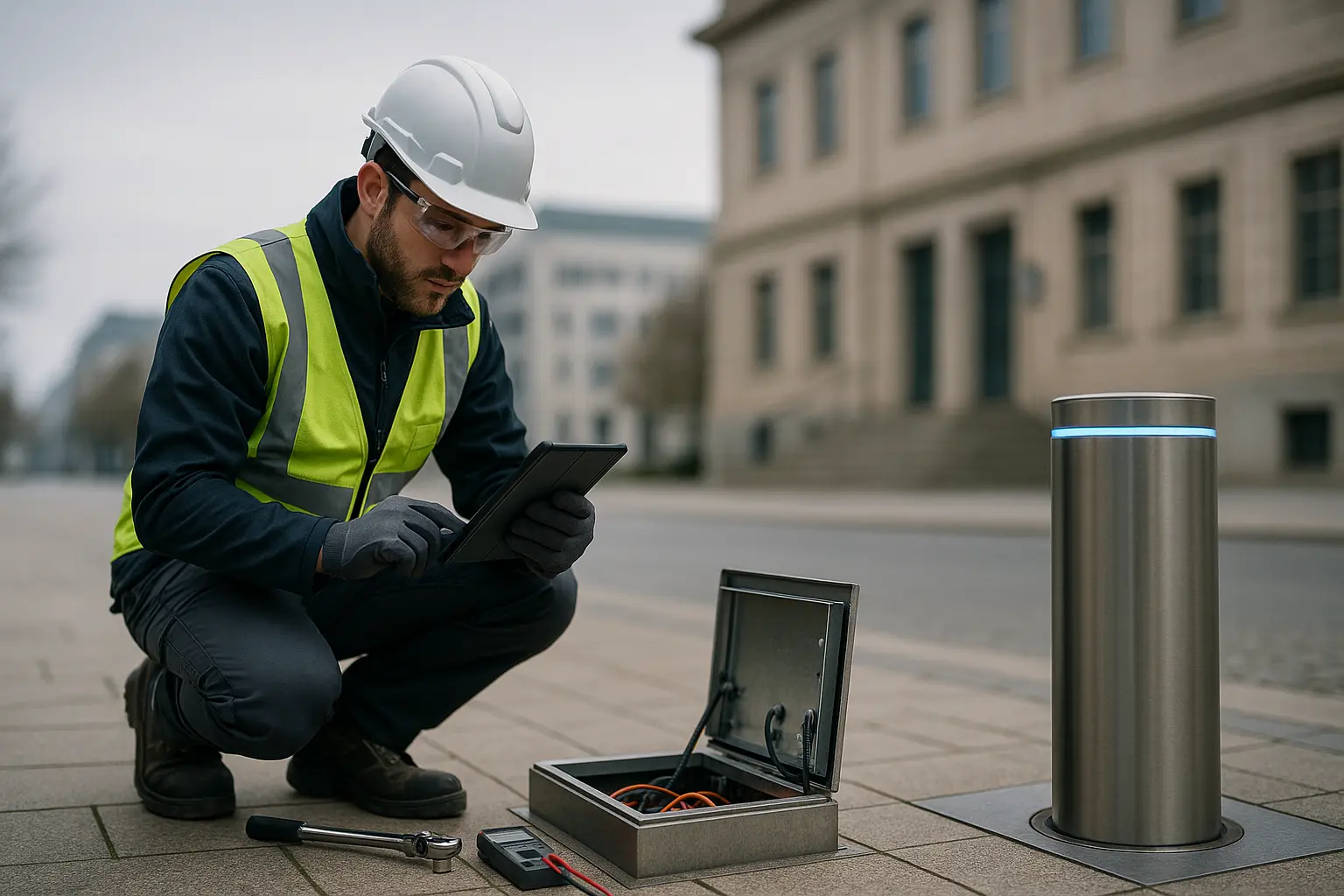 Servicetechniker prüft an einem geöffneten Steuerkasten einen versenkbaren Sicherheitspoller und liest Daten auf dem Tablet aus; urbane Zufahrt im Hintergrund.