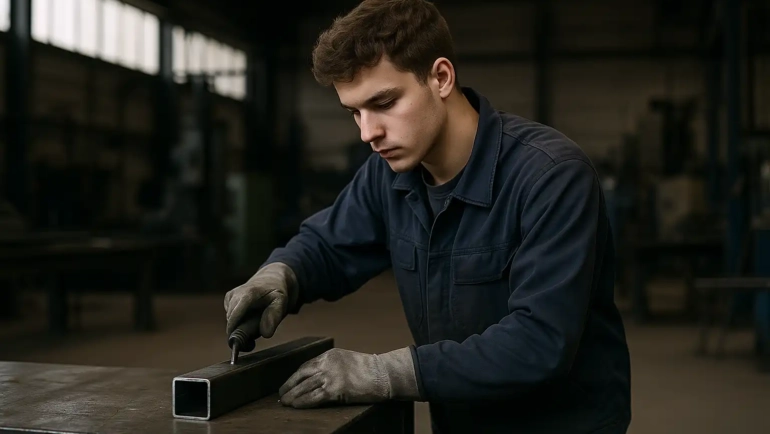 Auszubildender Metallbauer arbeitet an Stahlbauteil in der Werkstatt der Draht-Werner Metalltechnik GmbH in Kiel