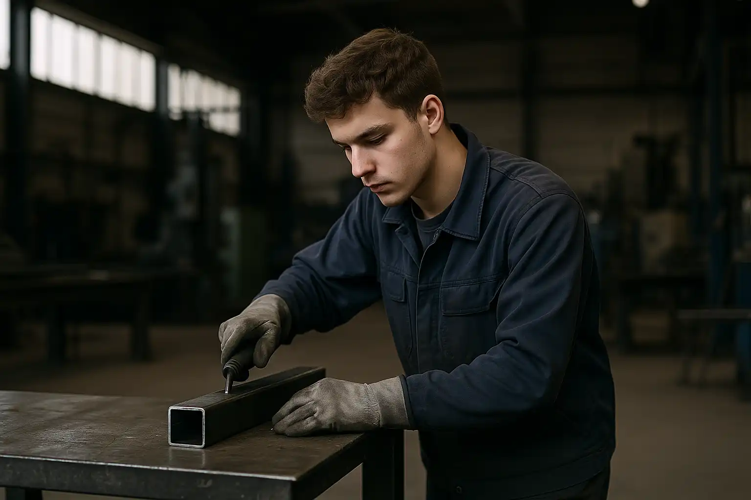 Auszubildender Metallbauer arbeitet an Stahlbauteil in der Werkstatt der Draht-Werner Metalltechnik GmbH in Kiel