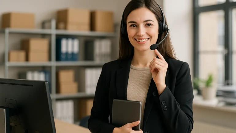 Mitarbeiterin im Vertriebsinnendienst mit Headset im Büro der MiRo Handelshaus GmbH.
