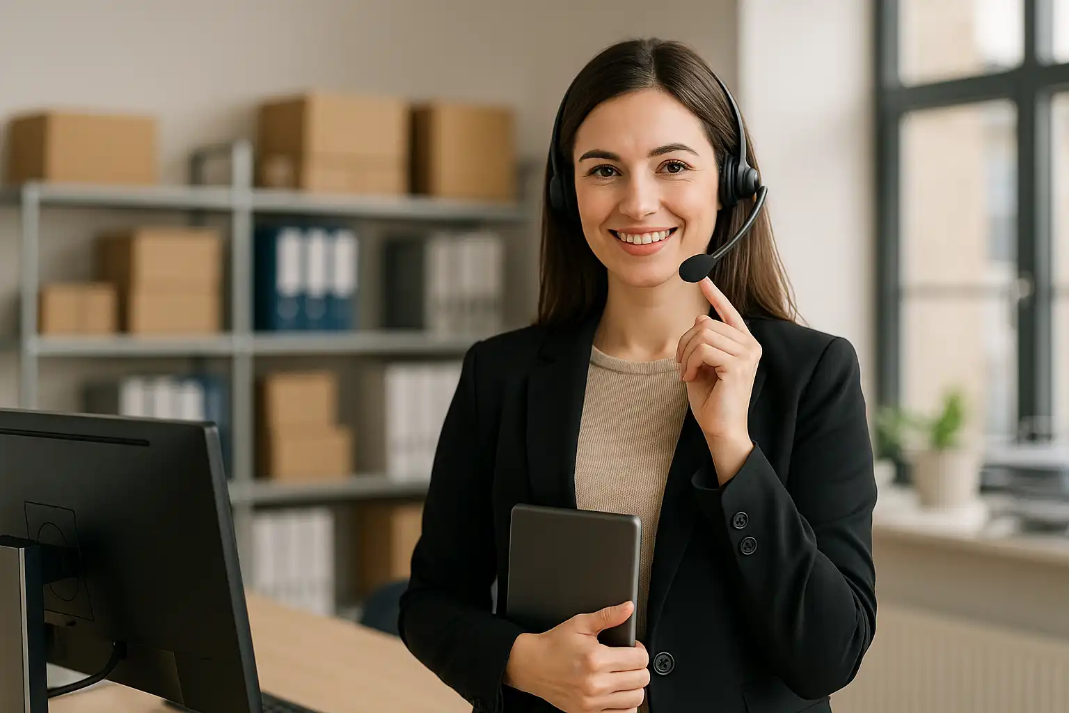 Mitarbeiterin im Vertriebsinnendienst mit Headset im Büro der MiRo Handelshaus GmbH.