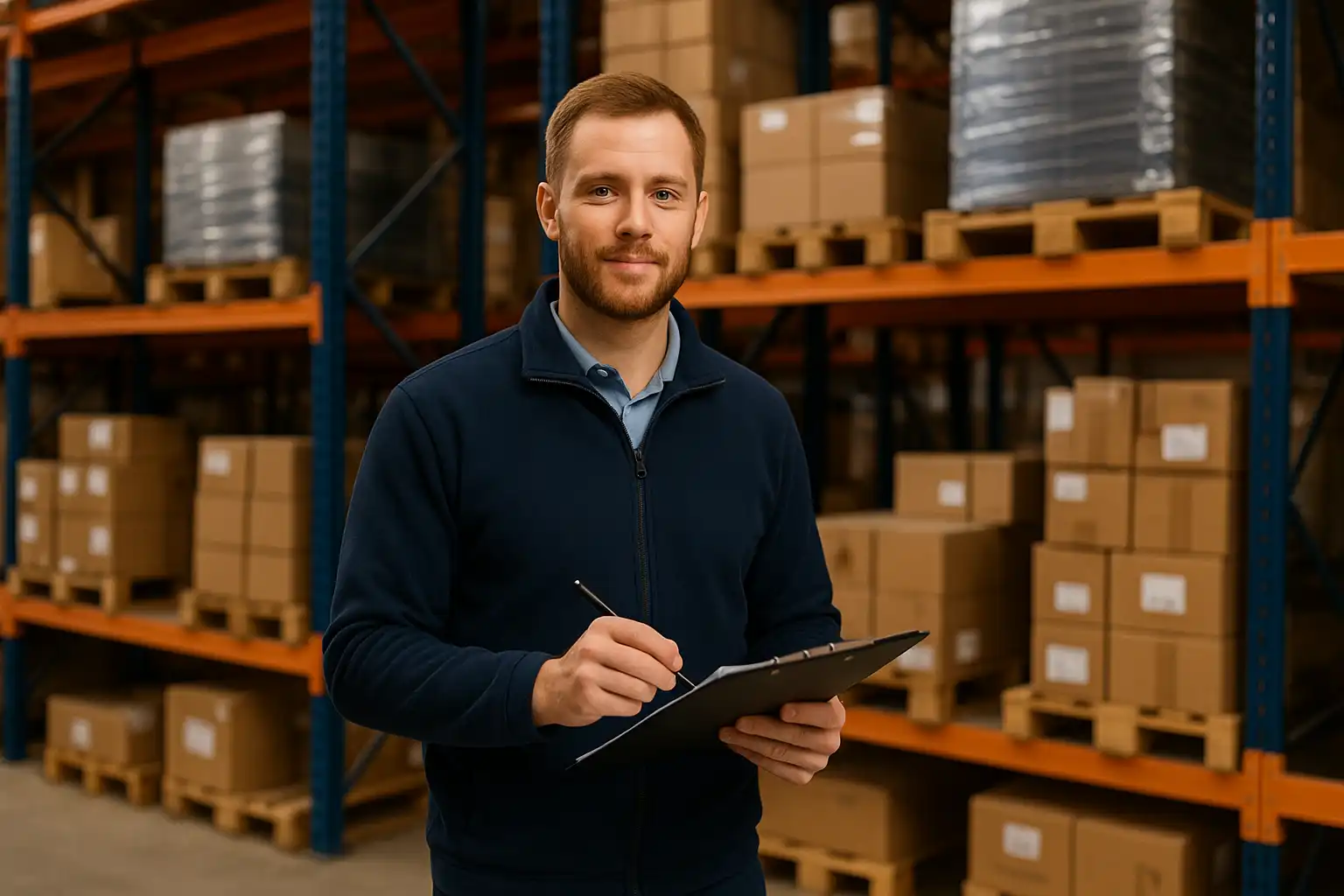 Mitarbeiter in der Arbeitsvorbereitung und Lagerlogistik steht im Lager mit Klemmbrett