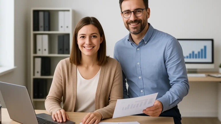 Mann und Frau im Büro der Draht-Werner Gruppe arbeiten gemeinsam an Unterlagen der Finanz- und Lohnbuchhaltung.