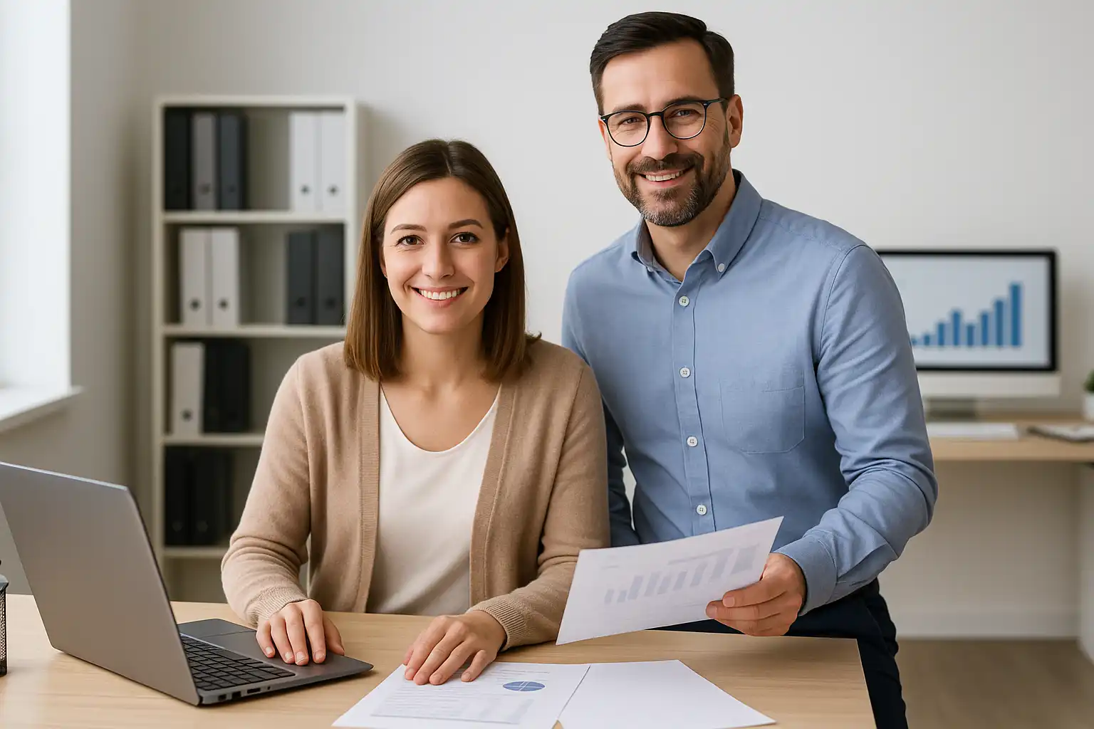 Mann und Frau im Büro der Draht-Werner Gruppe arbeiten gemeinsam an Unterlagen der Finanz- und Lohnbuchhaltung.