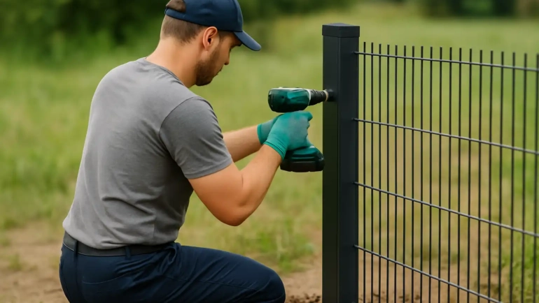 Monteur setzt einen Zaunpfosten im Außenbereich – Einsatz für GaLa-Bauer im Zaunbau.