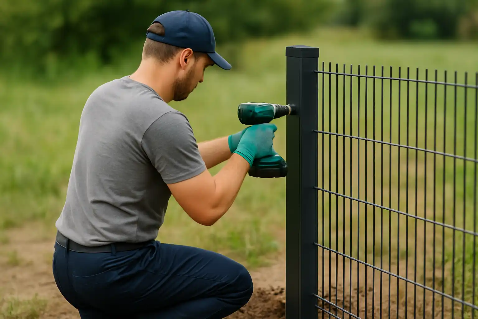 Monteur setzt einen Zaunpfosten im Außenbereich – Einsatz für GaLa-Bauer im Zaunbau.