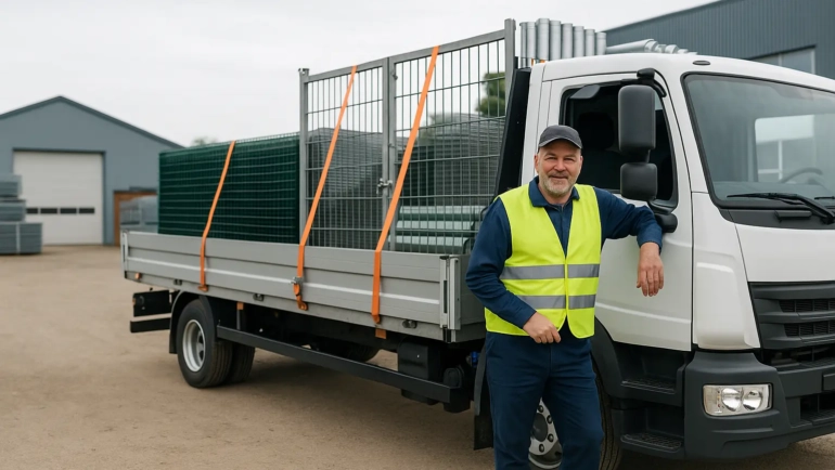 Ein LKW-Fahrer steht neben einem weißen Lastwagen mit Zaunelementen auf dem Hof der MiRo Handelshaus GmbH in Bad Segeberg.