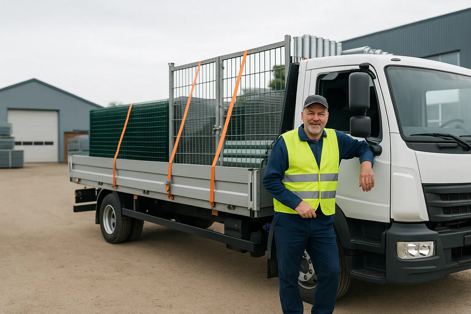 Ein LKW-Fahrer steht neben einem weißen Lastwagen mit Zaunelementen auf dem Hof der MiRo Handelshaus GmbH in Bad Segeberg.