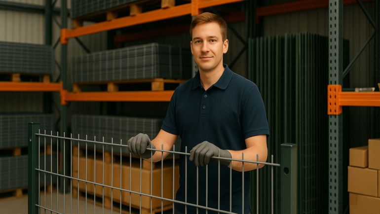 Mitarbeiter im Lager der MiRo Handelshaus GmbH prüft Doppelstabmatten und Zaunmaterial in Bad Segeberg.