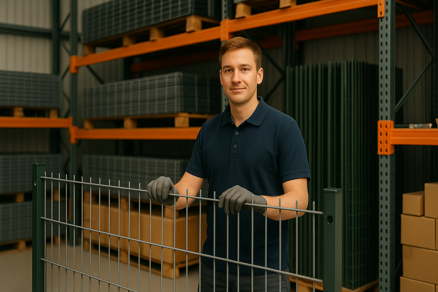 Mitarbeiter im Lager der MiRo Handelshaus GmbH prüft Doppelstabmatten und Zaunmaterial in Bad Segeberg.