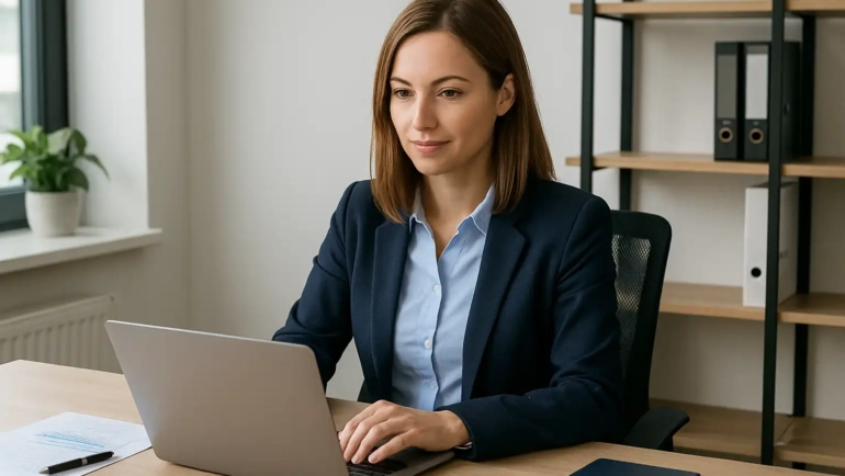 Niederlassungsleiterin der MiRo Handelshaus GmbH arbeitet im Büro am Laptop