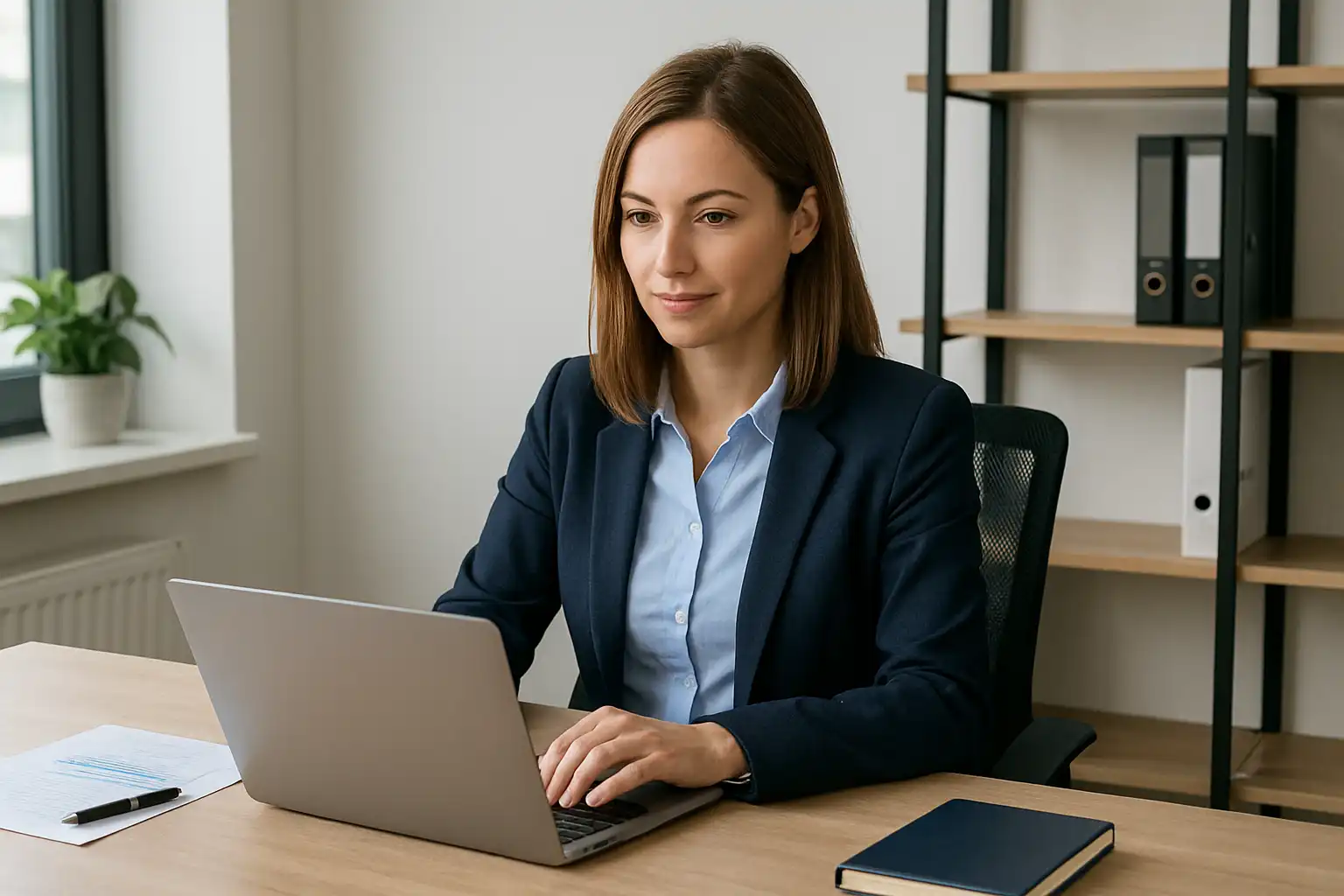 Niederlassungsleiterin der MiRo Handelshaus GmbH arbeitet im Büro am Laptop