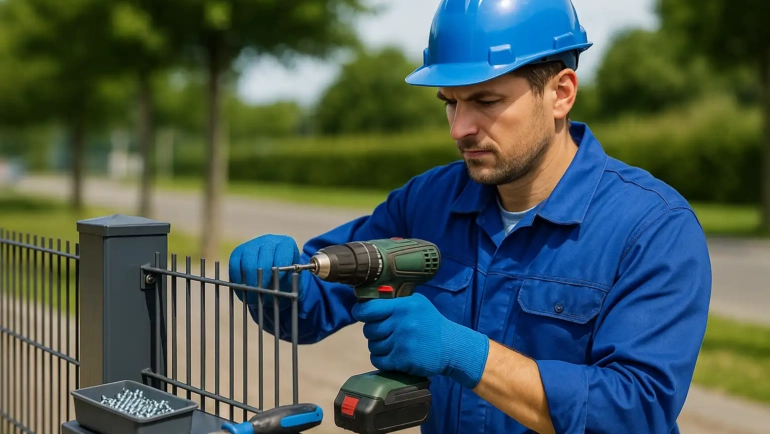 Monteur installiert einen Metallzaun auf der Baustelle – Zaunbauer Job in Kiel.