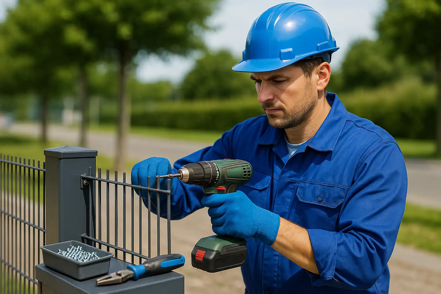 Monteur installiert einen Metallzaun auf der Baustelle – Zaunbauer Job in Kiel.