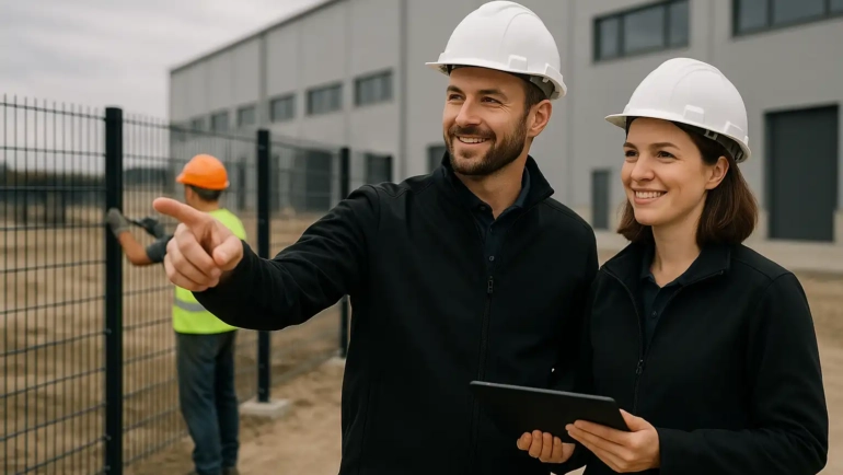 Bauleiter und Bauleiterin der Draht-Werner Zaun GmbH auf der Baustelle beim Zaunbau.