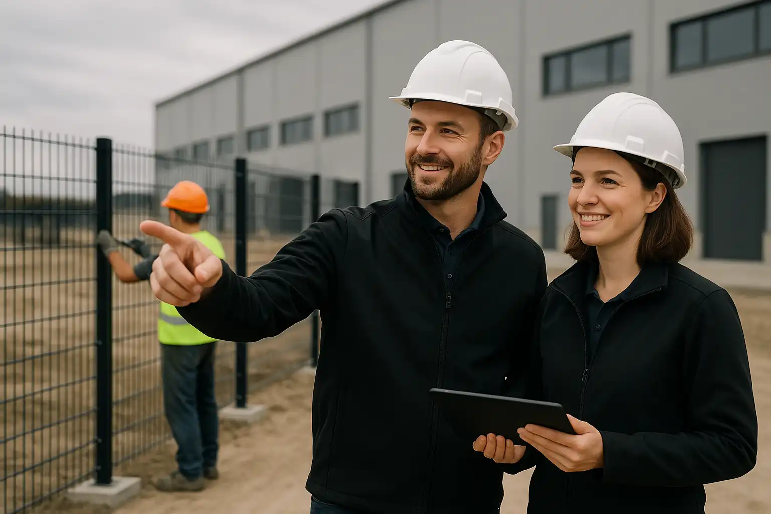 Bauleiter und Bauleiterin der Draht-Werner Zaun GmbH auf der Baustelle beim Zaunbau.