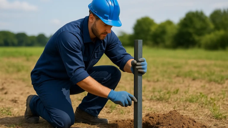 Monteur setzt einen Zaunpfosten im Erdreich auf freiem Gelände.