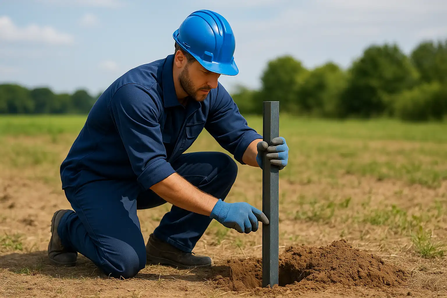 Monteur setzt einen Zaunpfosten im Erdreich auf freiem Gelände.