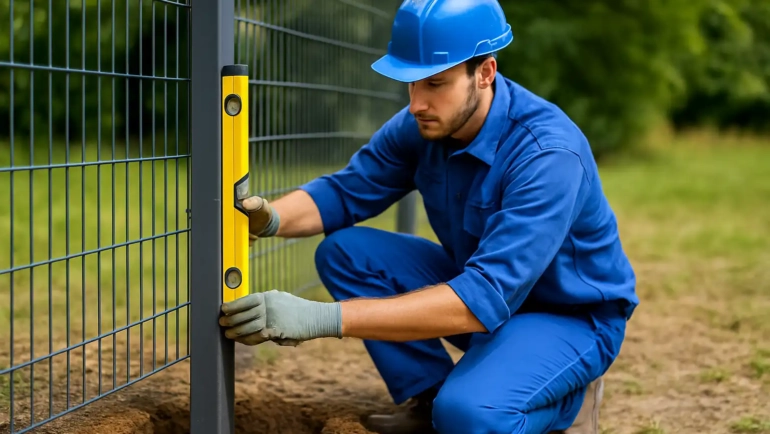 Monteur richtet einen Zaunpfosten mit einer Wasserwaage im Erdreich aus.