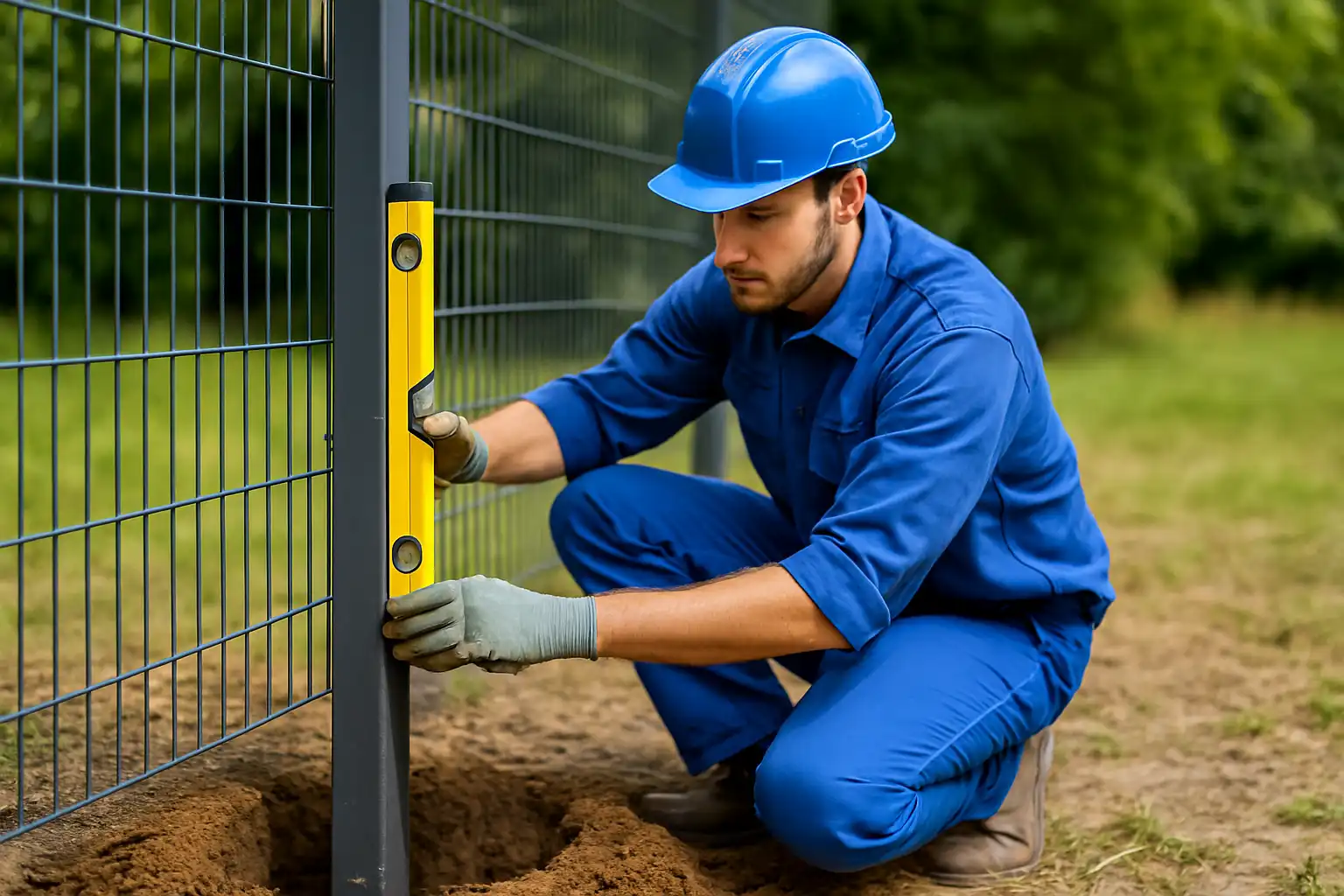 Monteur richtet einen Zaunpfosten mit einer Wasserwaage im Erdreich aus.