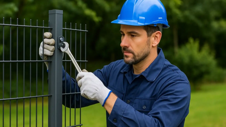 Monteur verschraubt einen Metallzaunpfosten – typische Aufgabe im Zaunbau.