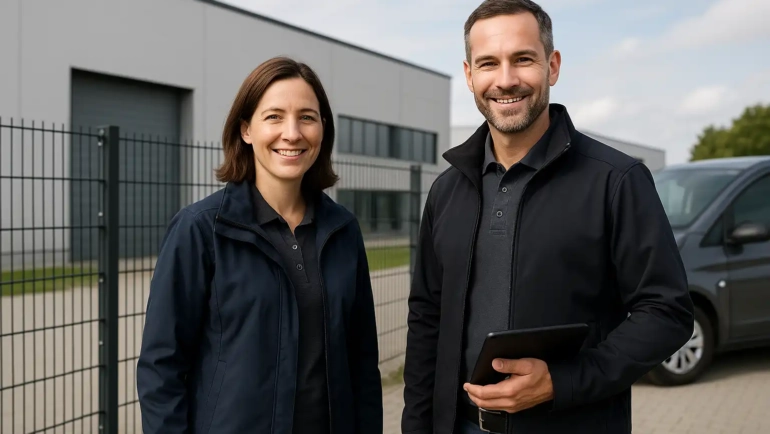 Zwei Außendienstmitarbeiter des MiRo Handelshaus vor einem Gewerbegebäude in Schleswig-Holstein.
