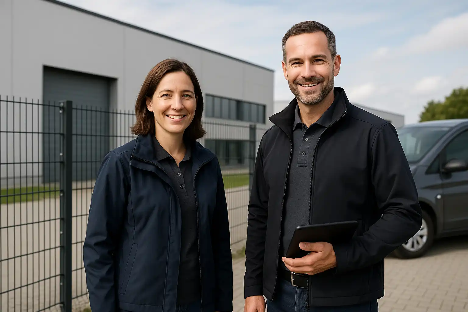 Zwei Außendienstmitarbeiter des MiRo Handelshaus vor einem Gewerbegebäude in Schleswig-Holstein.
