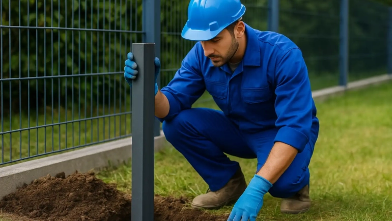 Monteur setzt einen Zaunpfosten im Erdreich – typische Aufgabe im Zaunbau.