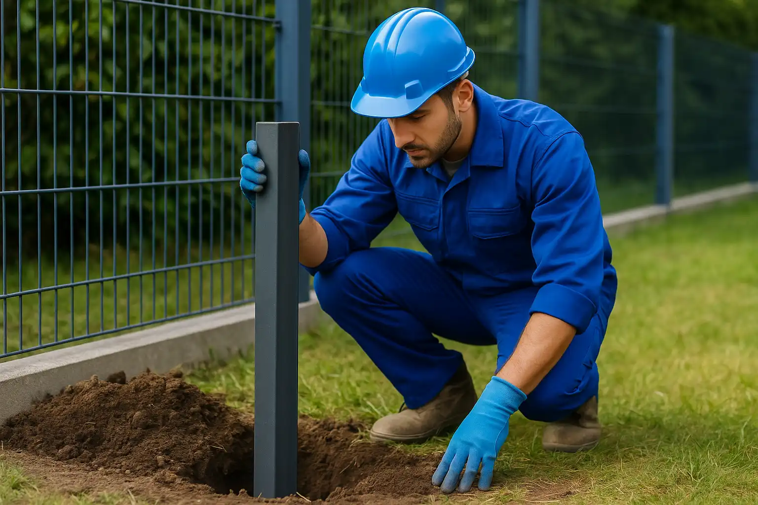 Monteur setzt einen Zaunpfosten im Erdreich – typische Aufgabe im Zaunbau.
