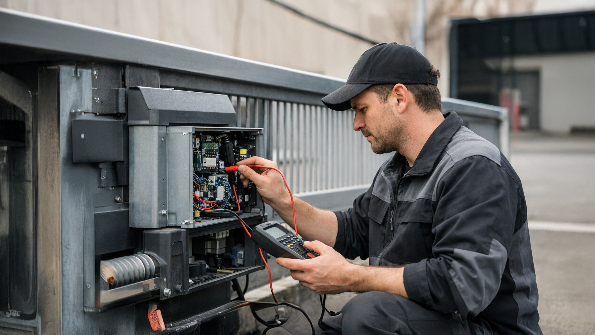 Servicetechniker bei der Wartung eines automatischen Torantriebs