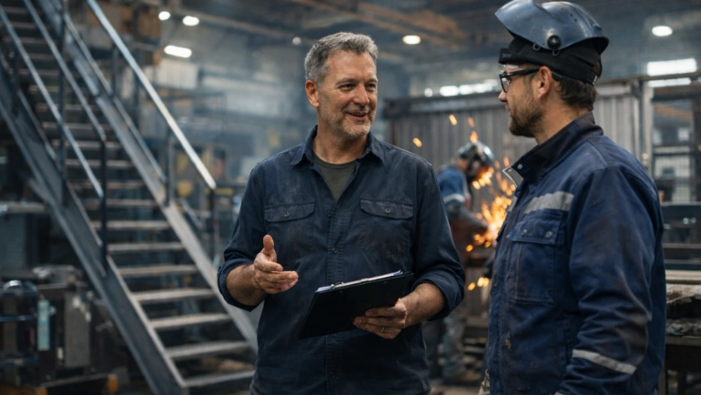 Geschäftsführer im Gespräch mit Metallbauer in Produktionshalle der DRAHT-WERNER Metalltechnik GmbH in Kiel