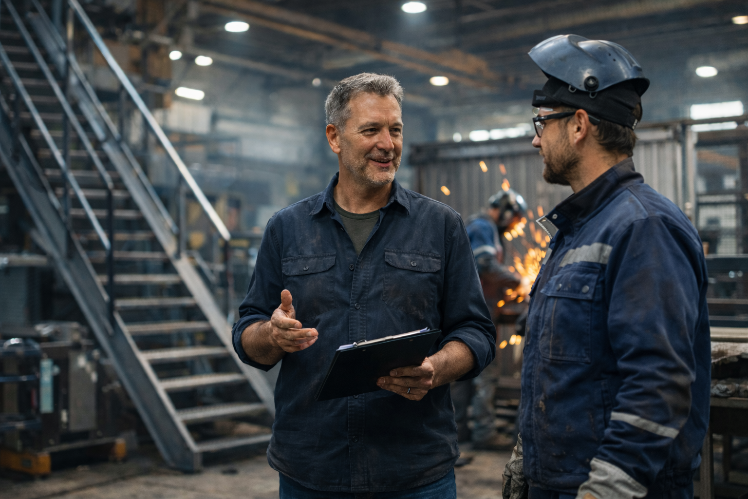 Geschäftsführer im Gespräch mit Metallbauer in Produktionshalle der DRAHT-WERNER Metalltechnik GmbH in Kiel