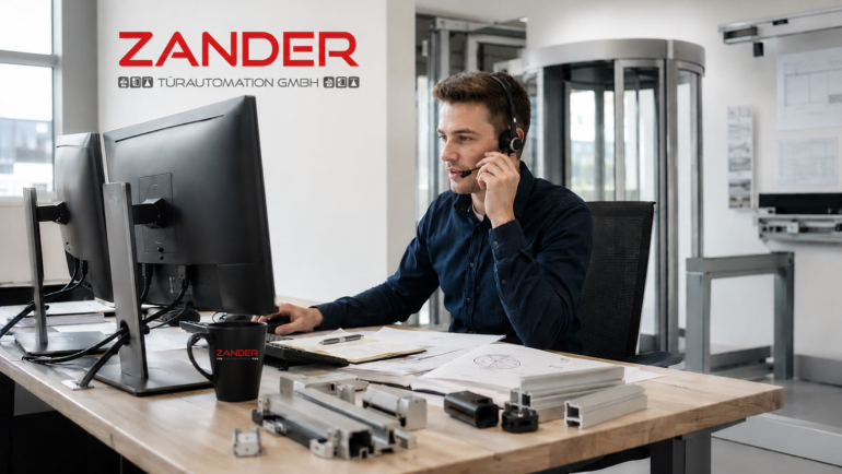 Mitarbeiter im Sales Backoffice von ZANDER Türautomation in Hamburg arbeitet mit Headset an einer Kundenanfrage für automatische Türsysteme.